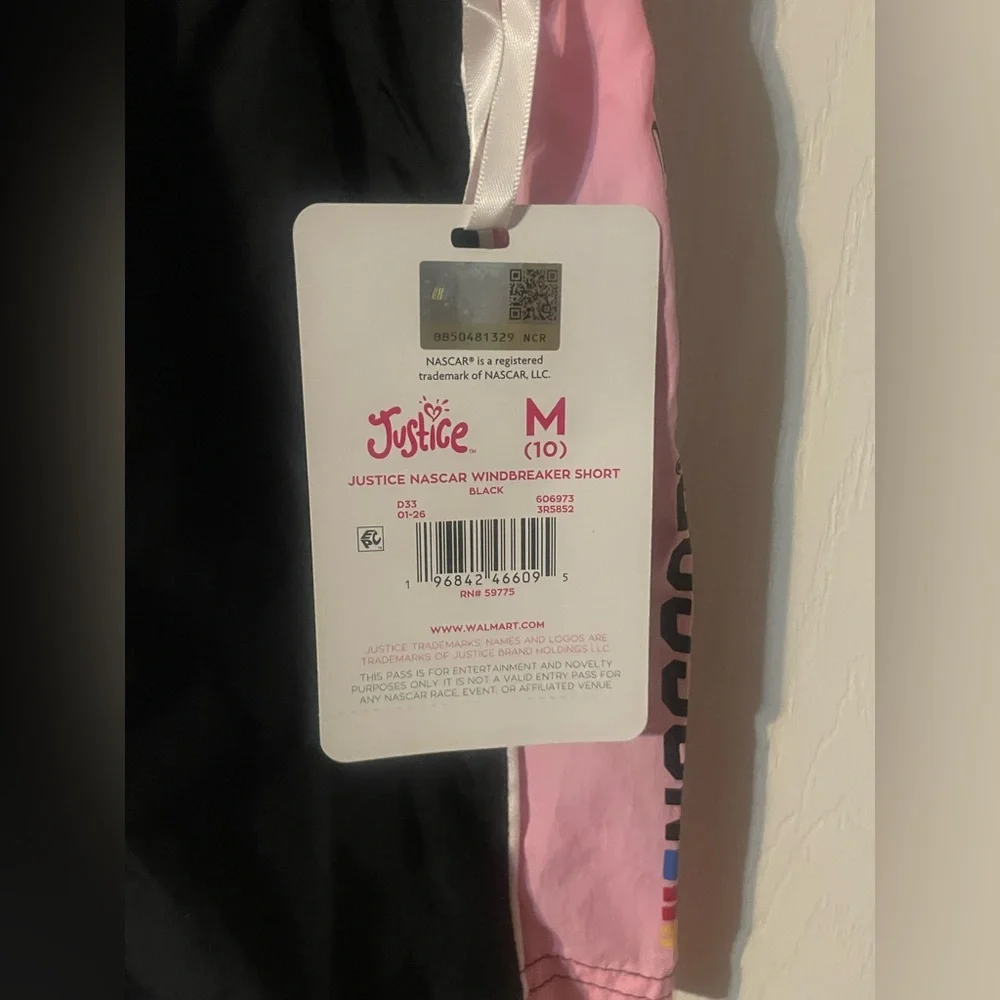 NWT Justice x NASCAR Windbreaker Shorts Girls Size M 10 Black Pink Colorblock